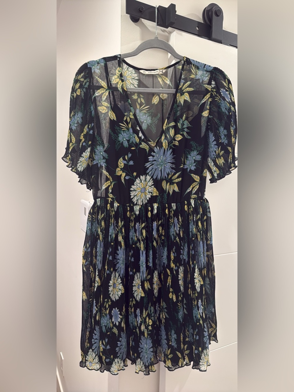 Zara Black Mini Dress with Blue and Yellow Floral Print